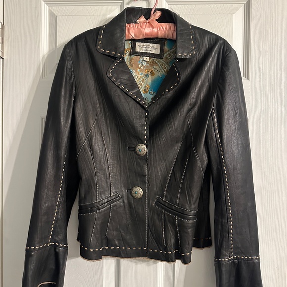 Tasha Polizzi Black Leather Jacket – Turquoise Concho Buttons, Paisley Lining -S - Picture 1 of 9